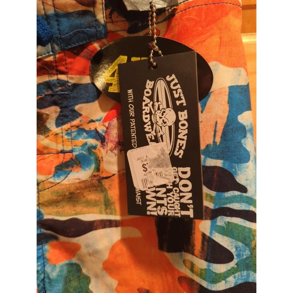 Just Bones Boardwear Mens/Boys Blue/Orange Camo print board shorts Size 27 waist